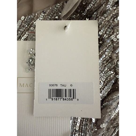 Mac Duggal 93676 Midi Dress Beaded V-Neck Long Sleeve Taupe Sequin Size 6 - Picture 9 of 14